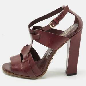 Pre Owned Tod's Brown Leather Ankle Strap Block Heel Sandals Size 36.5