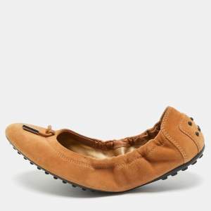 Pre Owned Tod's Beige Suede Bow Scrunch Ballet Flats Size 37.5
