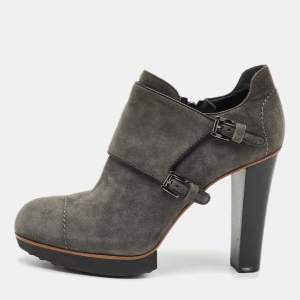 Pre Owned Tod's Grey Suede Leather Buckle Detail Block Heel Booties Size 37.5