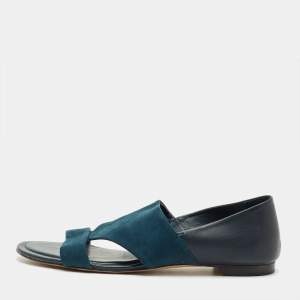 Pre Owned Tod's Teal Blue/Navy Blue Suede Open Toe Flat Size 42