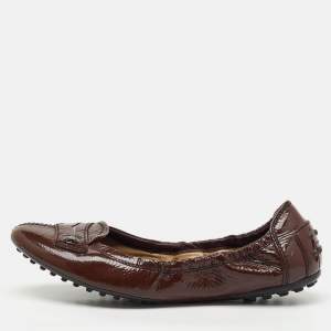 Pre Owned Tod's Dark Brown Patent Leather Scrunch Ballet Flats Size 37