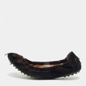 Pre Owned Tod's Black Suede Scrunch Feather Embellish Ballet Flats Size 39