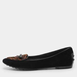 Pre Owned Tod's Black Leopard Print Calf Hair and Suede Bow Ballet Flats Size 36