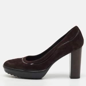 Pre Owned Tod's Dark Brown Suede Round Toe Platform Pumps Size 38