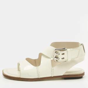 Pre Owned Tod's White Patent Leather Cross Strap Flat Sandals Size 36.5