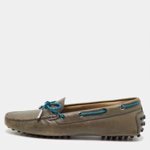 Pre Owned Tod's Grey/Blue Leather Gommino Bow Slip On Loafers Size 36