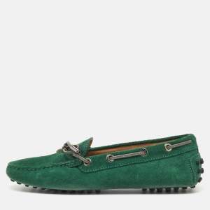 Pre Owned Tod's Green Suede Gommino Bow Slip On Loafers Size 36