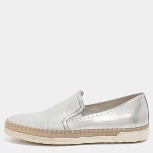 Pre Owned Tod's Metallic Silver Leather Pantofola Espadrille Slip On Sneakers Size 39