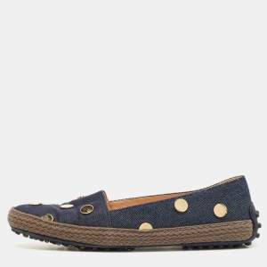 مملوكة مسبقًا Tod's Navy Blue Denim Studded Espadrille Ballet Flats Size 38.5