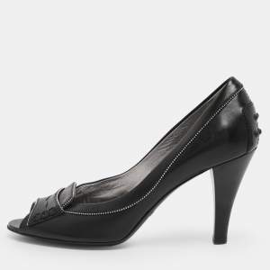 مملوكة مسبقًا Tod's Black Leather Penny Peep Toe Pumps Size 37