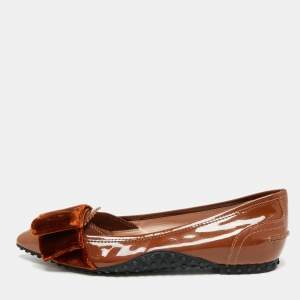 Pre Owned Tod's Size 35.5 Brown Patent Leather Bow Loafers