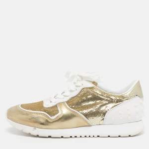 مملوكة مسبقًا حذاء رياضي تودز جلد وترتر أبيض لامع/ذهبي بعنق منخفض مقاس 39