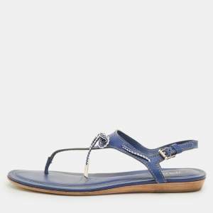 Pre Owned Tod's Size 39.5 Blue Leather Thong Flats