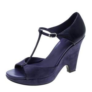 Pre Owned Tod's Blue Suede T-Strap Platform Wedge Sandals Size 38