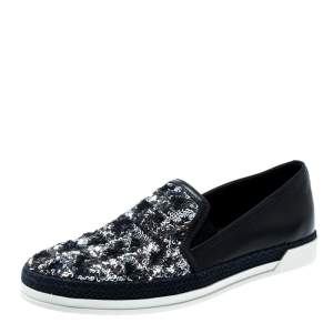 Pre Owned Tod's Blue Leather Sequin Embellished Espadrille Slip On Sneakers Size 37