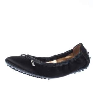 Tod's Black Satin And Leather Trim Scrunch Ballet Flats Size 36.5
