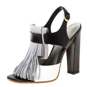 Pre Owned Tod's Tricolor Leather Fringe Detail Slingback Sandals Size 38.5