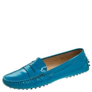 Tod's Blue Patent Leather Penny Slip On Loafers Size 38