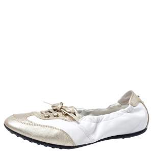 Pre Owned Tod's White/Gold Leather Gomma Lace Slip On Sneakers Size 37.5