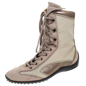 Pre Owned Tod’s Beige/Olive Green Canvas and Leather Lace Up Boots Size 37