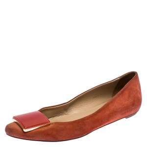 Pre Owned Tod's Orange Suede Square Detail Ballet Flats Size 37