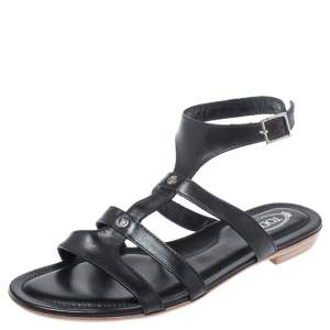 Pre Owned صندل فلات تودز شعار الماركة مرصع سيور جلد أسود 38