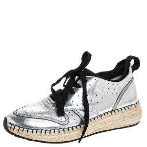 Pre Owned Tod's Metallic Silver Leather Espadrille Low Top Sneakers Size 35.5