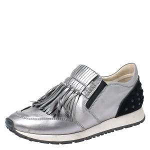 Pre Owned TOD'S Metallic Grey Leather Sportivo Fringed Sneakers Size 39