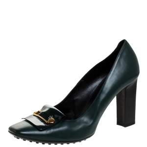 Pre Owned Tod's Green Leather Block Heel Square Toe Pumps Size 40