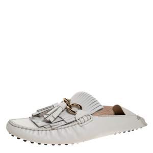 Pre Owned Tod's Off Whte Leather Gommini Mule Loafers Size 40.5