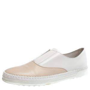 Tod's White/Peach Leather Francesina Espadrille Slip On Sneakers Size 39.5