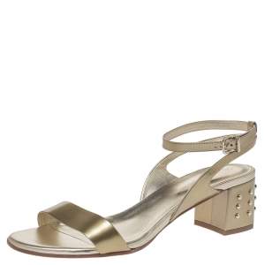 Pre Owned Tod's Gold Patent Leather Studded Block Heel Sandals Size 40