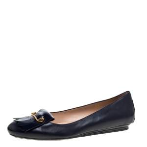 Pre Owned Tod's Navy Blue Leather and Patent Leather Fringe Detail Ballet Flats Size 42