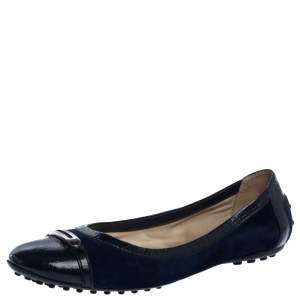 Tod's Navy Blue Suede and Patent Leather Cap Toe Buckle Ballet Flats Size 38