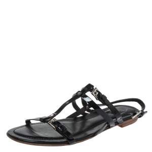 Tod's Black Patent Leather Strappy Buckle Detail Flat Sandals Size 37.5