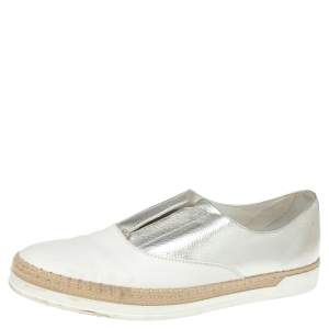 Tod's Metallic Silver and White Leather Francesina Espadrille Slip On Sneakers Size 39