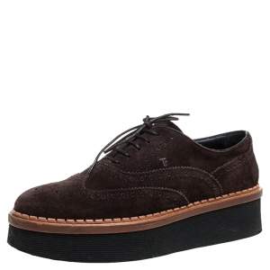 Pre Owned حذاء أكسفورد تودز أربطة نعل سميك جلد سويدى بروغ بنى مقاس 35