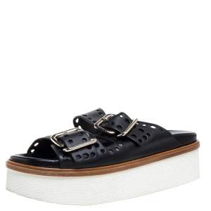 Tod's Black Perforated Leather Buckled Platform Sandals Size 38.5