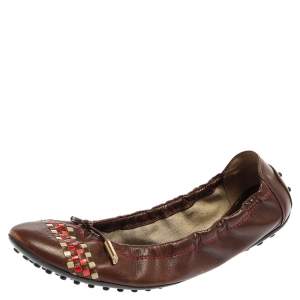 Tod's Brown Leather Knotted Tassel Scrunch Ballet Flats Size 39