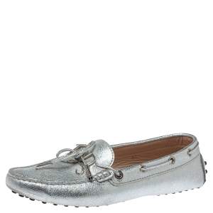 Tod's Silver Leather Logo Gommino Bow Loafers Size 37