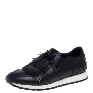 Pre Owned Tod's Black Leather Fringed Slip-On Sneakers Size 38