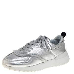 Pre Owned Tod's Metallic Silver Perforated Leather Tassel Fringe Low Top Sneakers Size 41