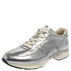 Pre Owned Tod's Silver Perforated Leather Sportivo Active Sneakers Size 38.5