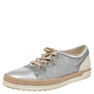 Pre Owned Tod's Metallic Silver Leather And Sequin Low Top Sneakers Size 37