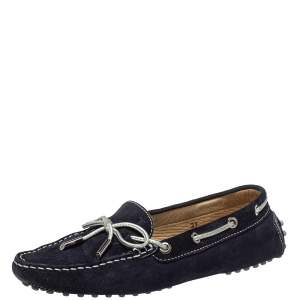 Tod's Navy Blue Suede Bow Slip On Loafers Size 37