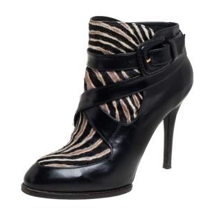 Tod's Black Leather And Calf Hair Zebra Print Ankle Boots 37