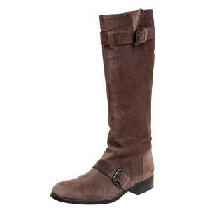 Pre Owned حذاء بوت تودز إبزيم مرتفع للركبة سويدي بني مقاس 40