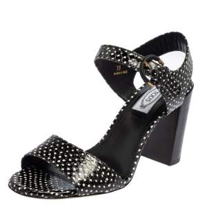 Tod's Black/White Python Embossed Leather Ankle Strap Sandals Size 38