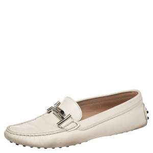 Tod's White Leather Gommino Double T Buckle Driver Loafers Size 37
