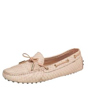 Pre Owned Tod's Peach Snakeskin Bow Loafers Size 38.5